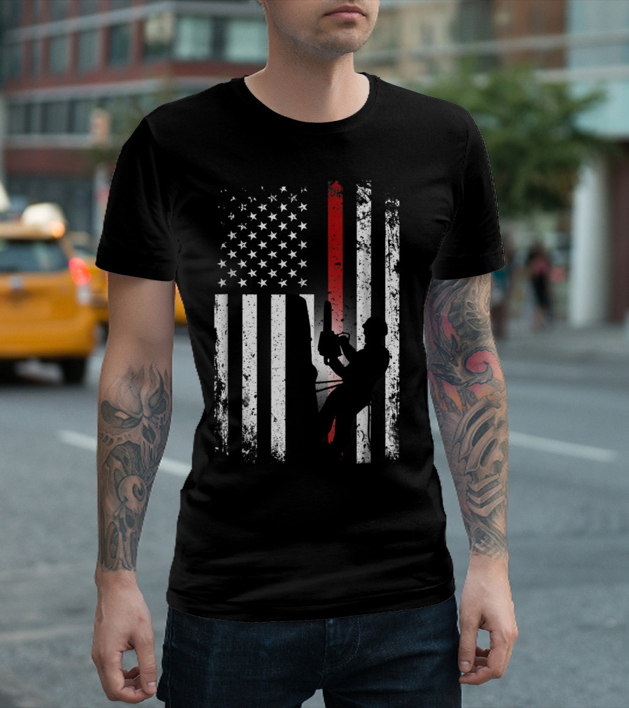 Patriotic Arborist Distressed American Flag With Climber And Chainsaw T-Shirt