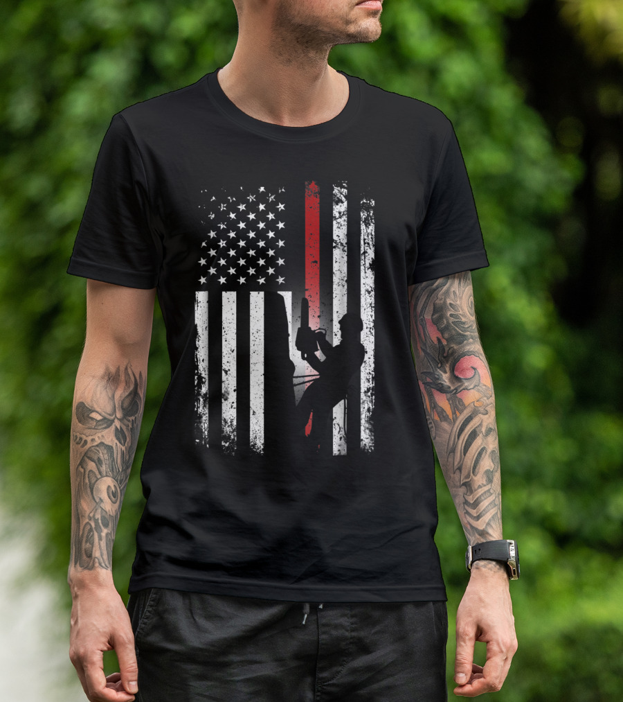 Patriotic Arborist Distressed American Flag With Climber And Chainsaw T-Shirt