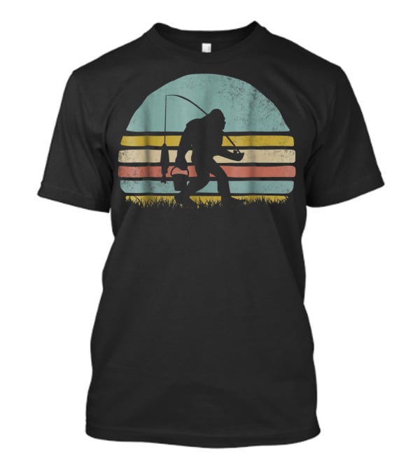 Awesome Bigfoot Fishing At Sunset Silhouette Retro Stripes T-Shirt