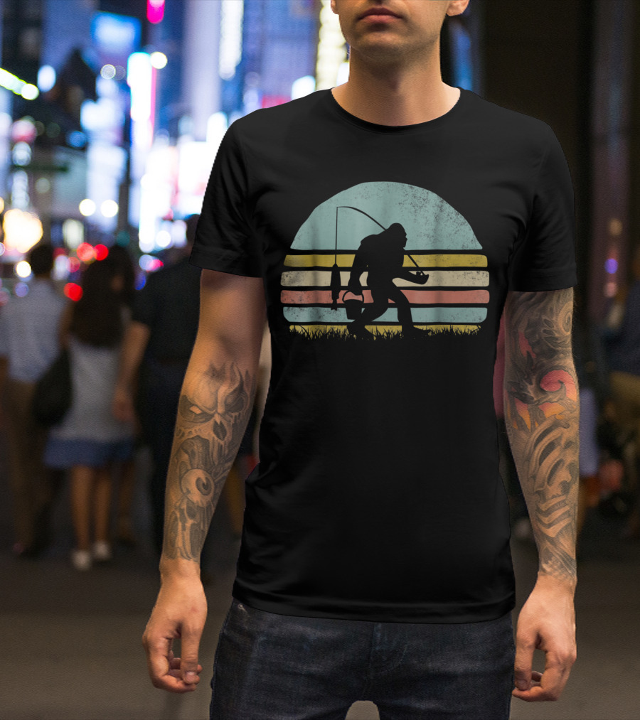 Awesome Bigfoot Fishing At Sunset Silhouette Retro Stripes T-Shirt