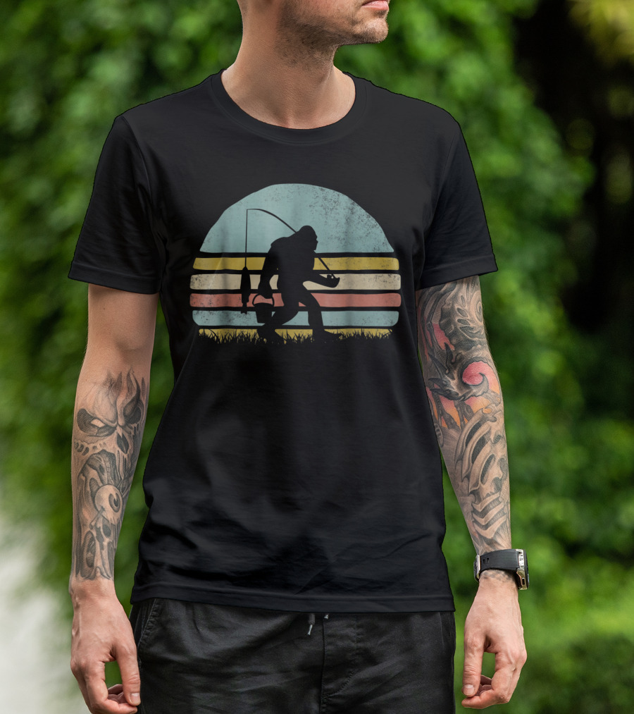Awesome Bigfoot Fishing At Sunset Silhouette Retro Stripes T-Shirt
