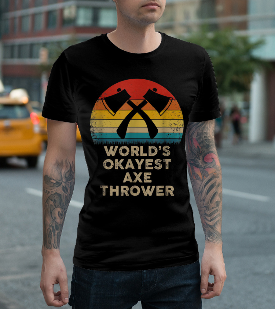World's Okayest Axe Thrower Retro Axes Crossed Sunset T-Shirt