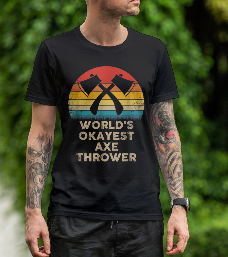 World's Okayest Axe Thrower Retro Axes Crossed Sunset T-Shirt