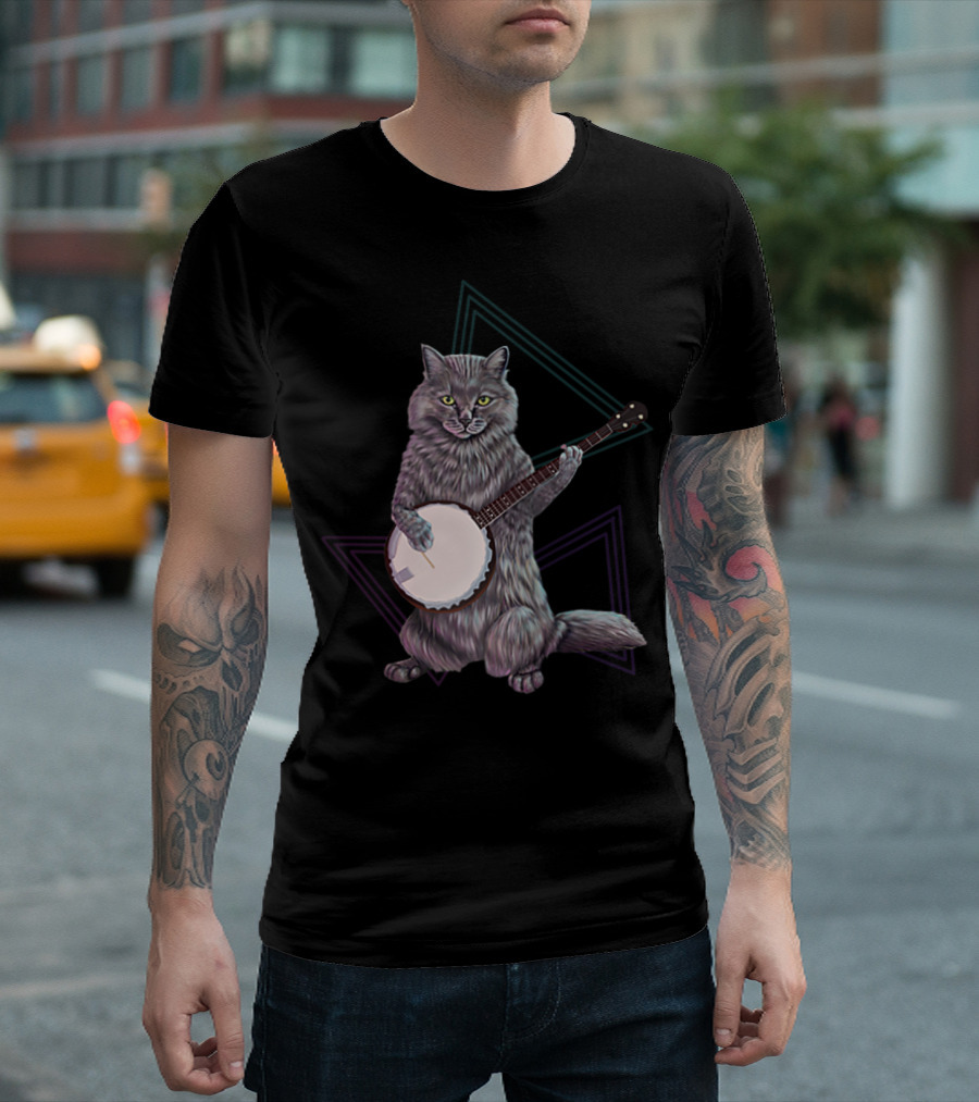 Banjo Cat Rock Kitty Playing The Banjo Triangular Neon Background T-Shirt