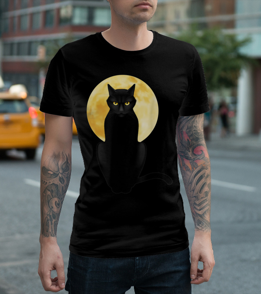 Black Cat Yellow Eyes Full Moon T-Shirt