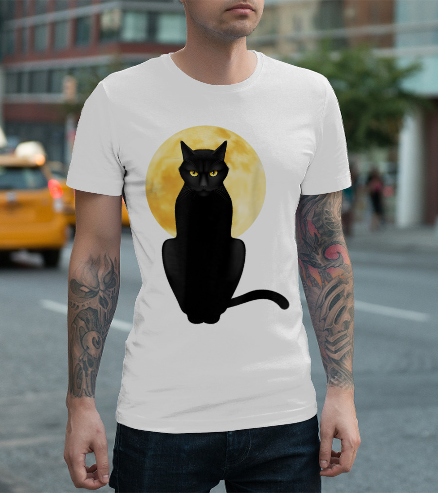 Black Cat Yellow Eyes Full Moon T-Shirt