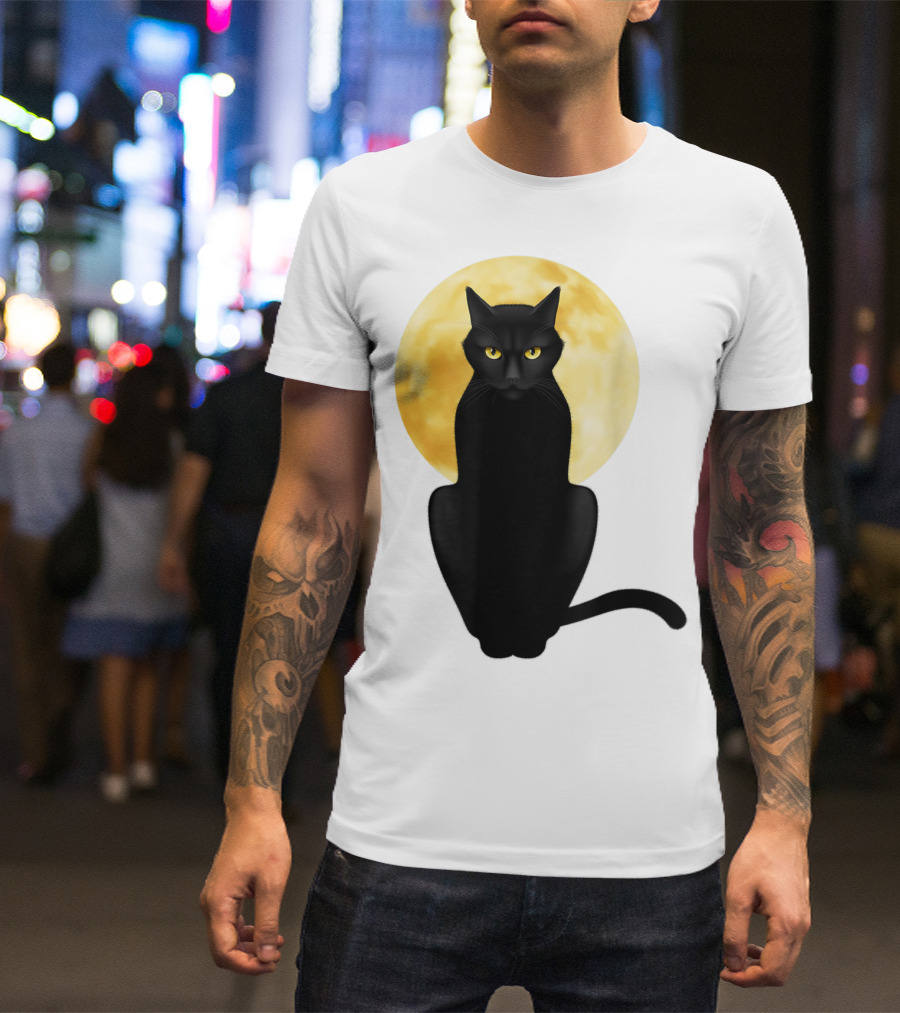 Black Cat Yellow Eyes Full Moon T-Shirt