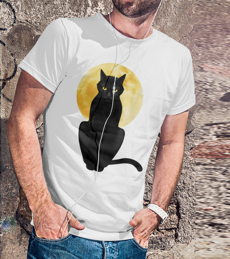 Black Cat Yellow Eyes Full Moon T-Shirt
