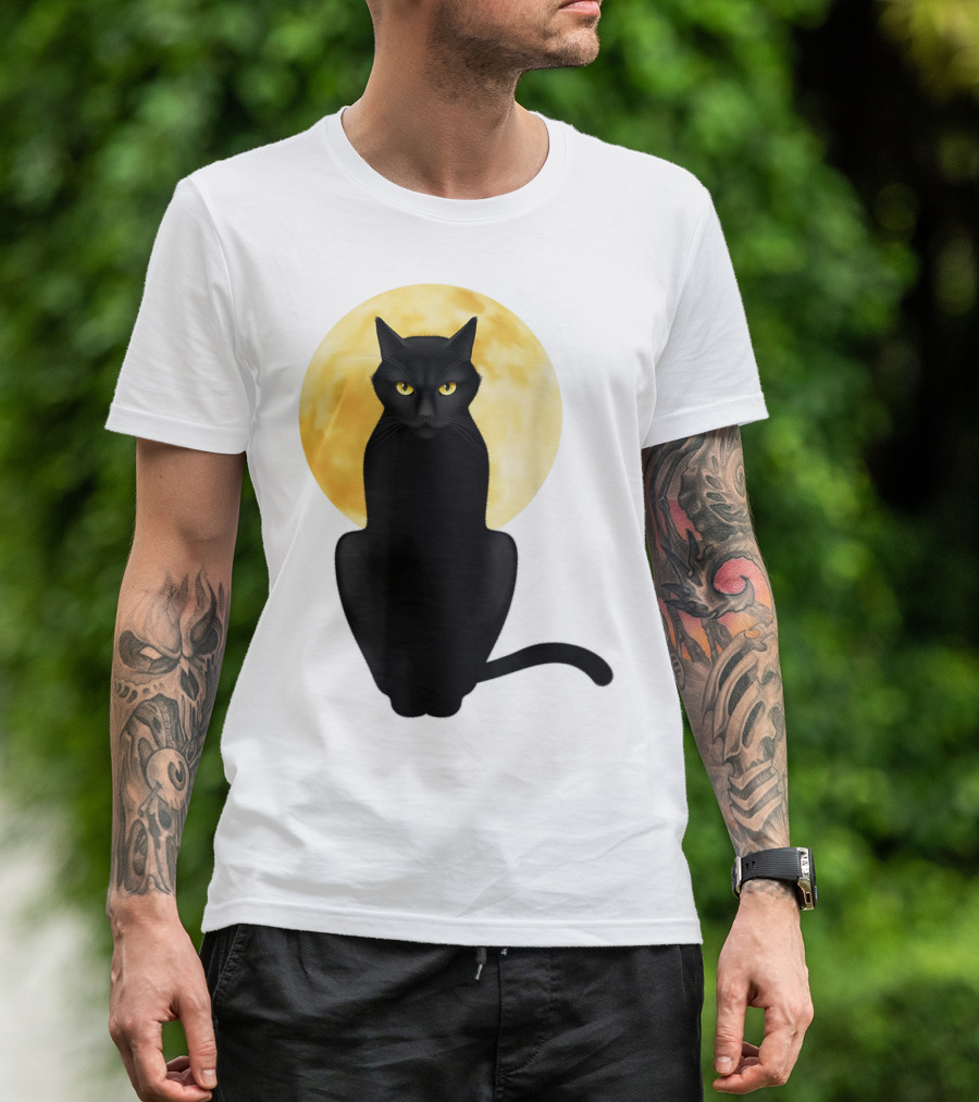 Black Cat Yellow Eyes Full Moon T-Shirt