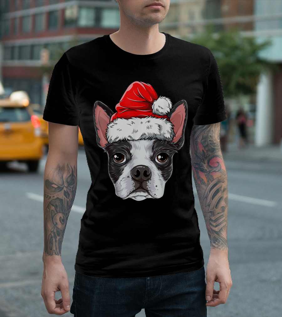 Boston Terrier Christmas Dog Santa Hat T-Shirt