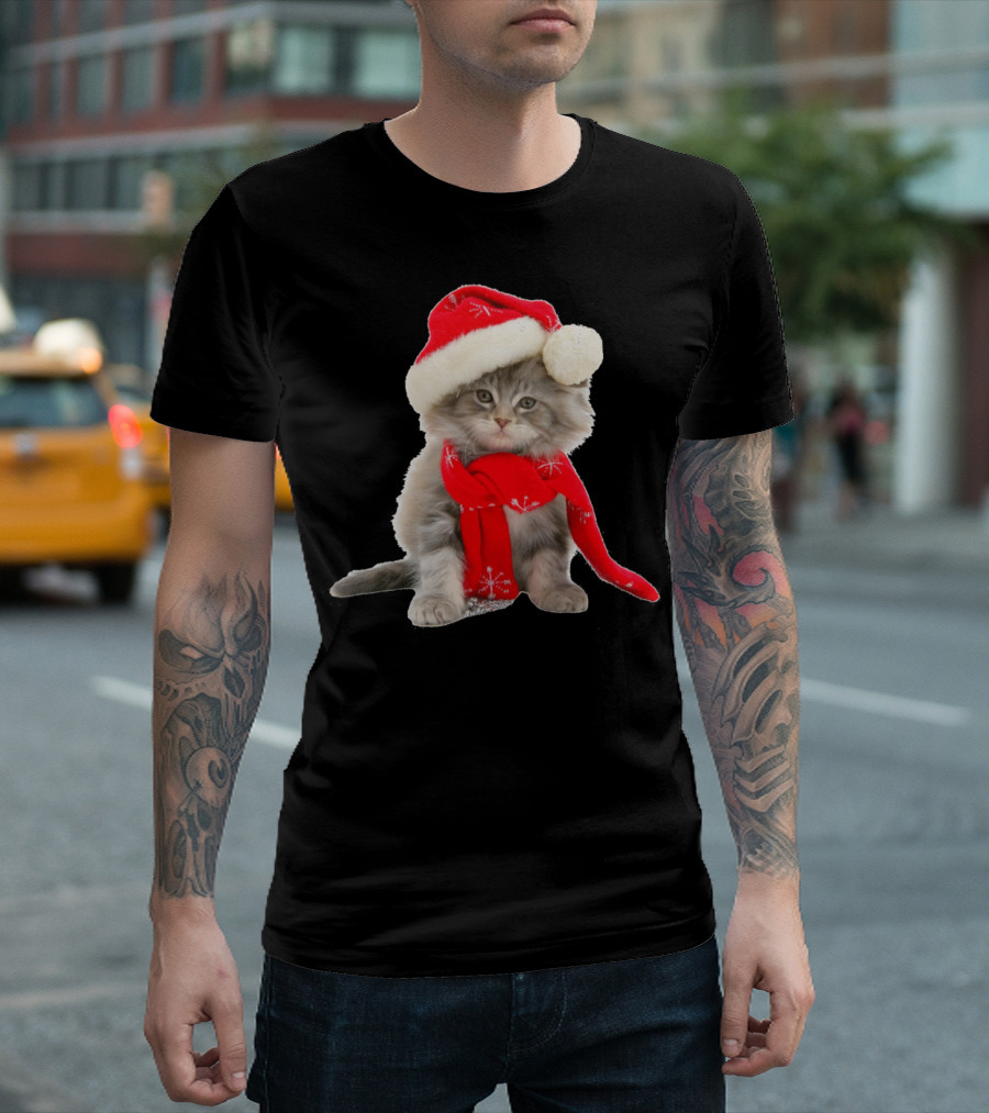Cat Kitten in Santa Hat and Red Scarf T-Shirt