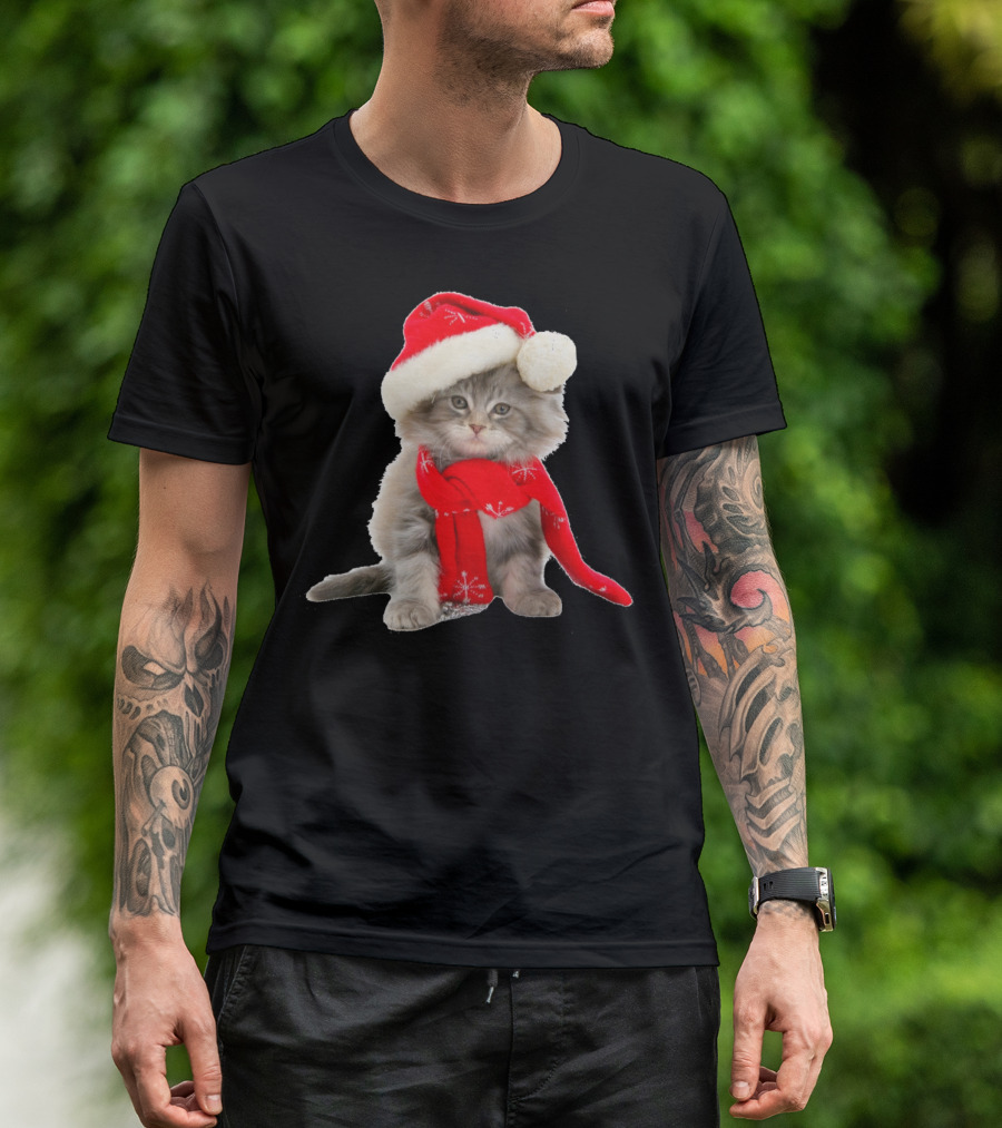 Cat Kitten In Santa Hat And Red Scarf T-Shirt
