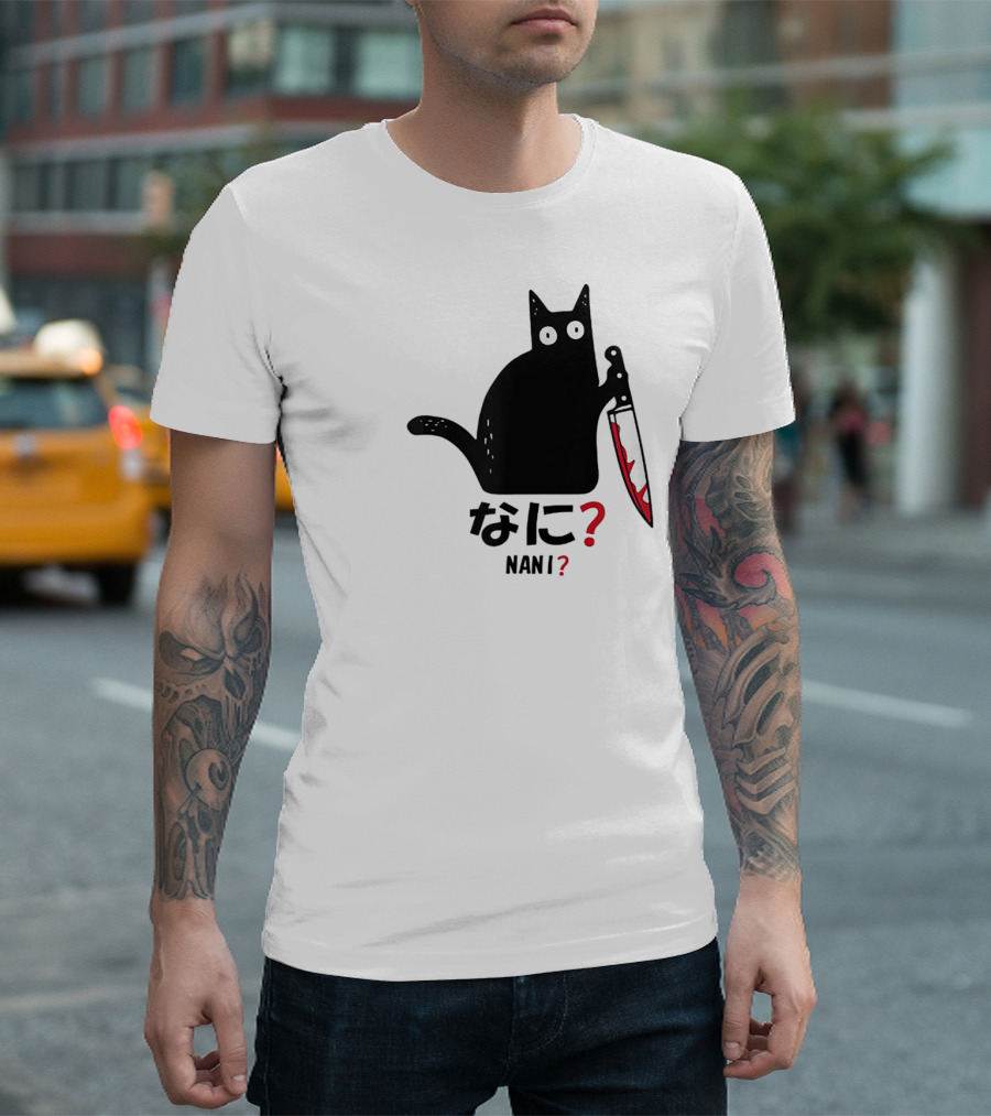 Nani What Murderous Black Cat With Knife Kanji T-Shirt