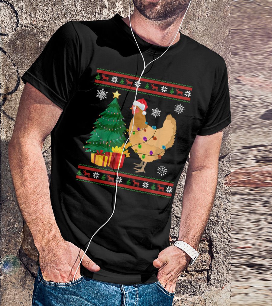 Chicken Christmas Decorations Santa Tree Snowflakes Reindeer T-Shirt