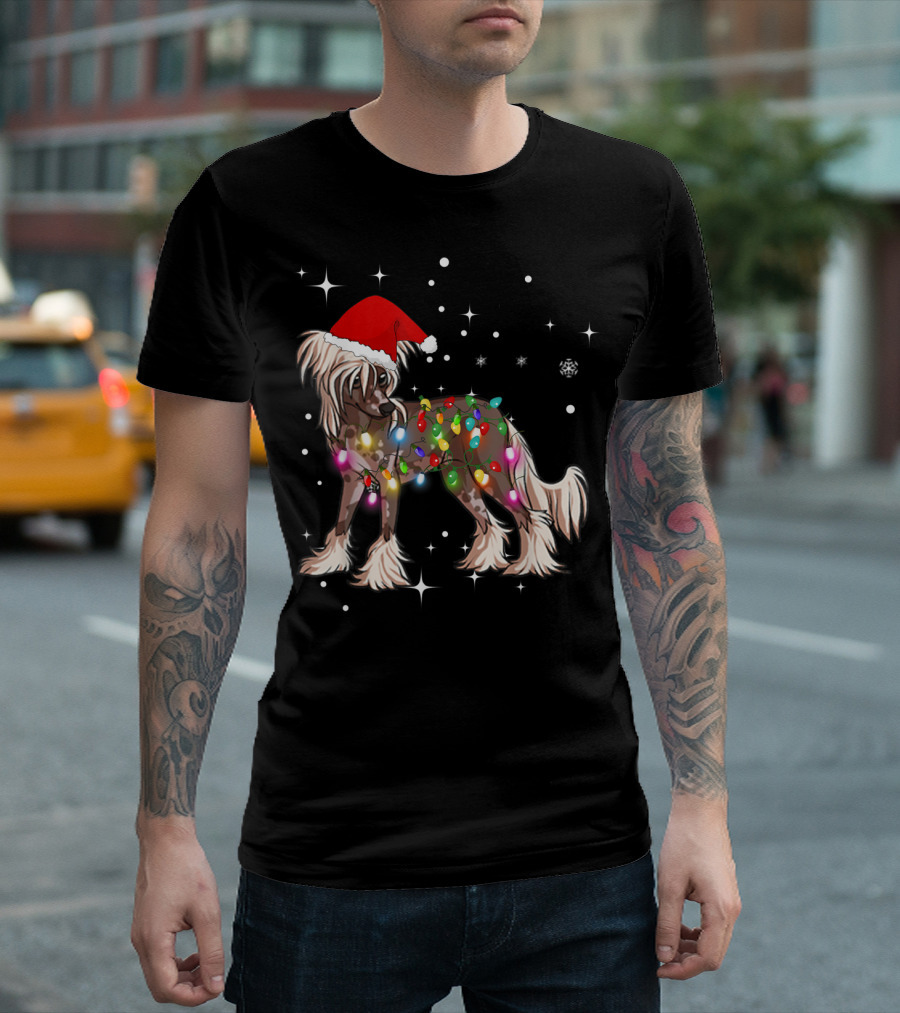 Christmas Lights Chinese Crested Dog with Santa Hat and Stars T-Shirt