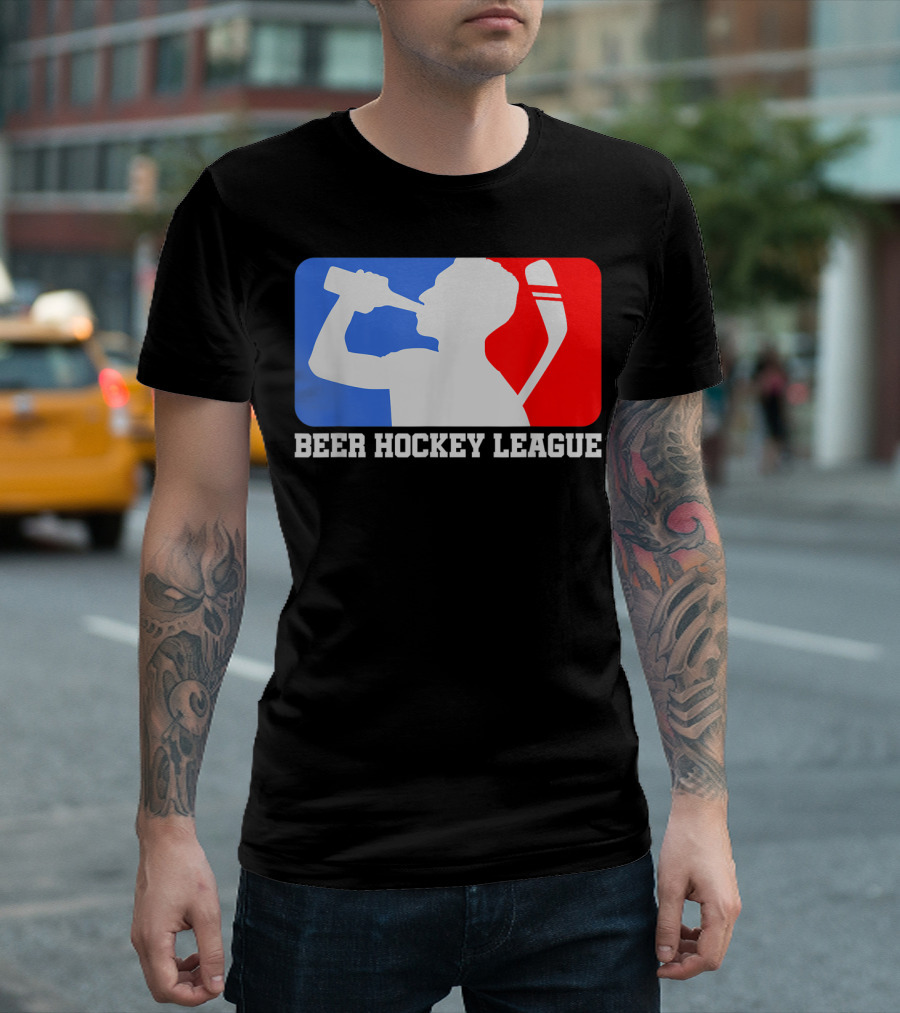 Beer Hockey League Icehockey Drinking Silhouette in Red White and Blue T-Shirt