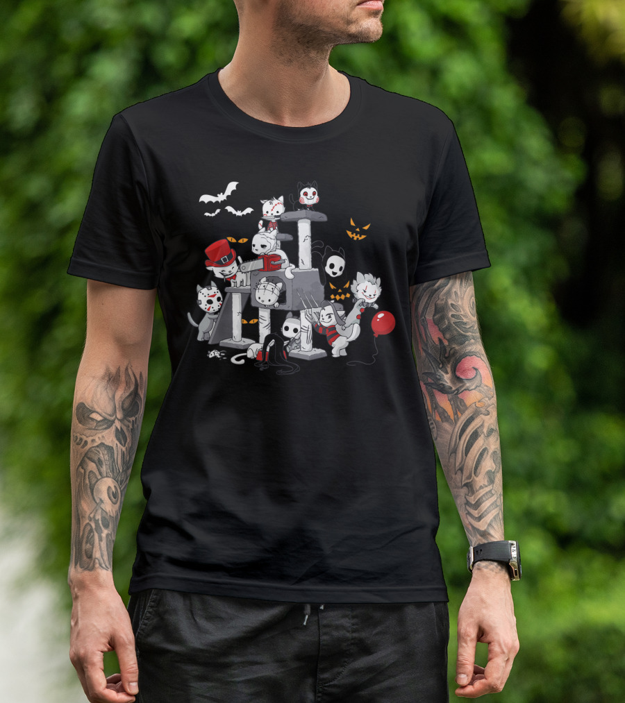 Cats Dressed As Iconic Creeps For Halloween Horror Movie Night T-Shirt