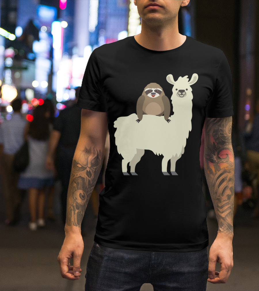 Cute Funny Sloth On Llama T-Shirt