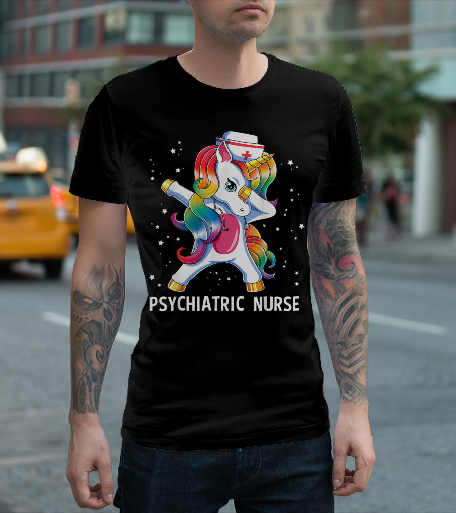 Dabbing Unicorn Rainbow Psychiatric Nurse with Nurse Hat and Stars T-Shirt