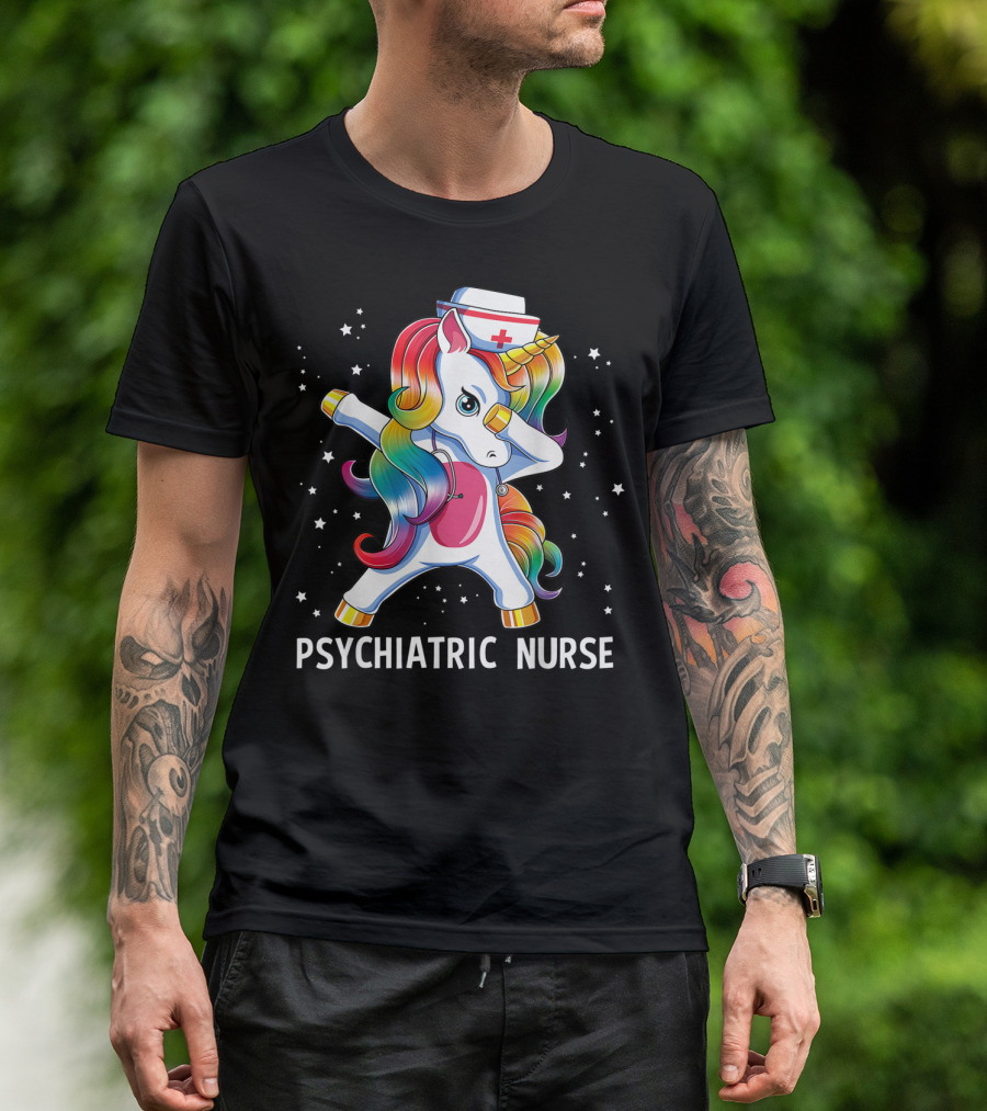 Dabbing Unicorn Rainbow Psychiatric Nurse With Nurse Hat And Stars T-Shirt