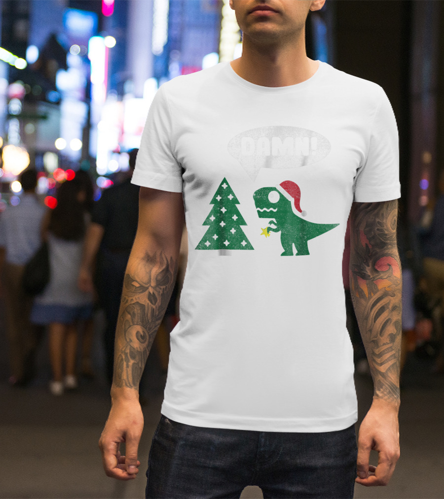 Damn Trex Hates Christmas Dinosaur Lover Funny Santa Dinosaur With Christmas Tree T-Shirt