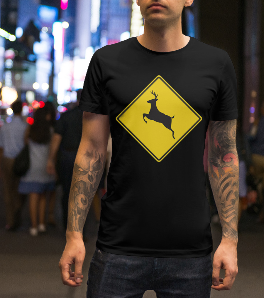 Yellow Deer Crossing Road Sign T-Shirt