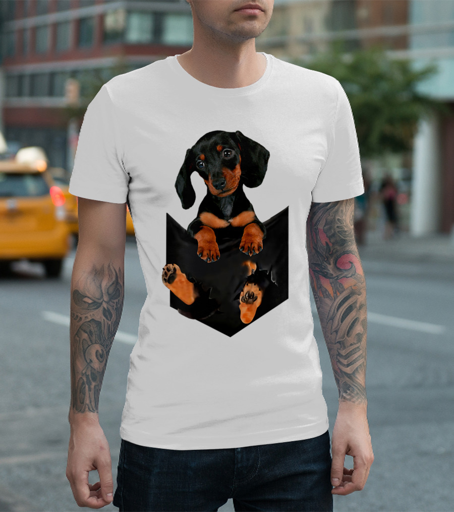 Doxie Dachshund Puppy Dog In Pocket T-Shirt