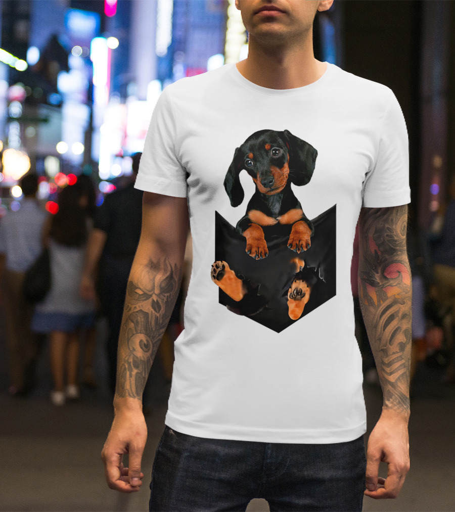 Doxie Dachshund Puppy Dog In Pocket T-Shirt