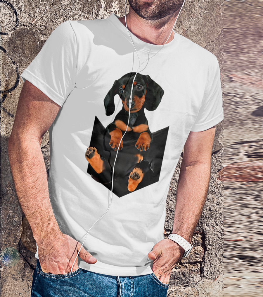 Doxie Dachshund Puppy Dog In Pocket T-Shirt