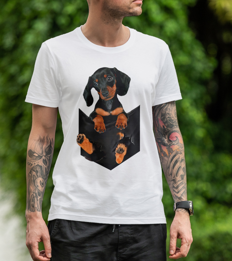 Doxie Dachshund Puppy Dog In Pocket T-Shirt