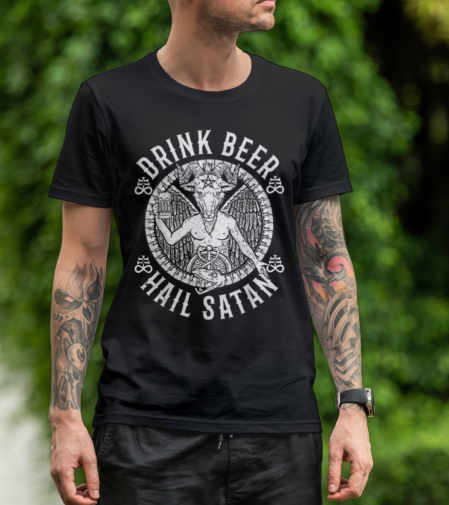Drink Beer Hail Satan Baphomet Goat Pentagram T-Shirt