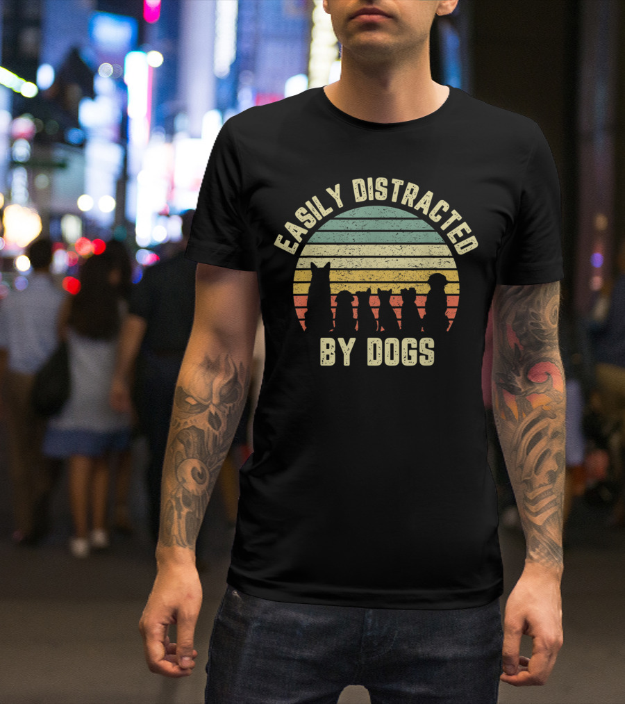 Easily Distracted By Dogs Retro Sunset T-Shirt