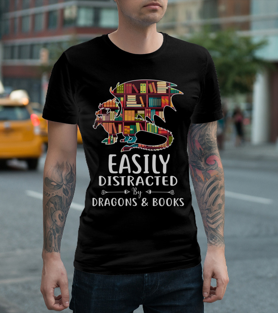 Easily Distracted By Dragons and Books Shelves Reading T-Shirt