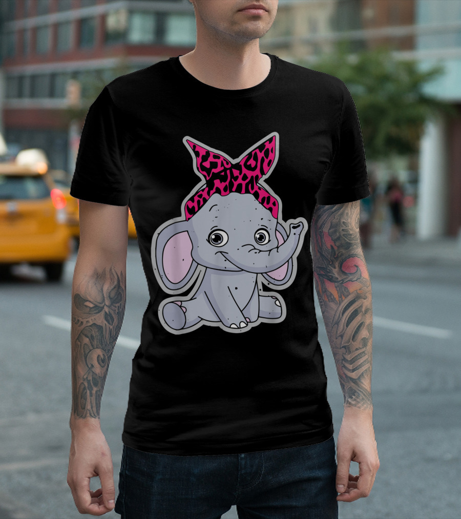 Elephants Cute Cartoon with Pink Leopard Bow T-Shirt