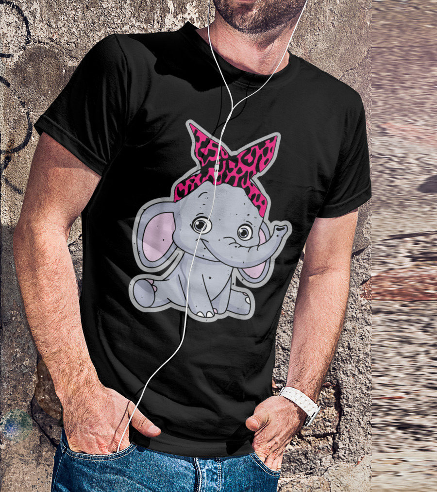 Elephants Cute Cartoon With Pink Leopard Bow T-Shirt