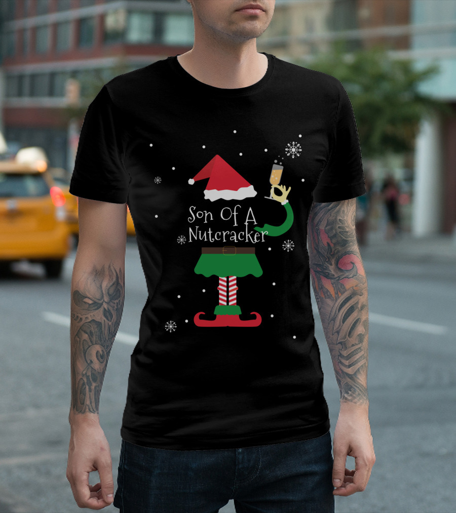 Son Of A Nutcracker Elf with Santa Hat and Champagne Glass T-Shirt
