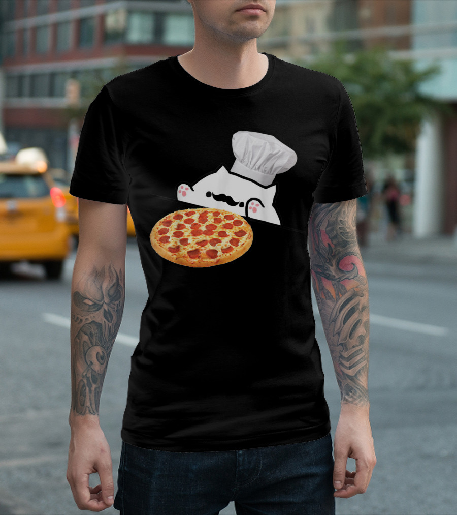 Bongo Cat Pizza Chef with Mustache and Pepperoni Pizza Humor T-Shirt