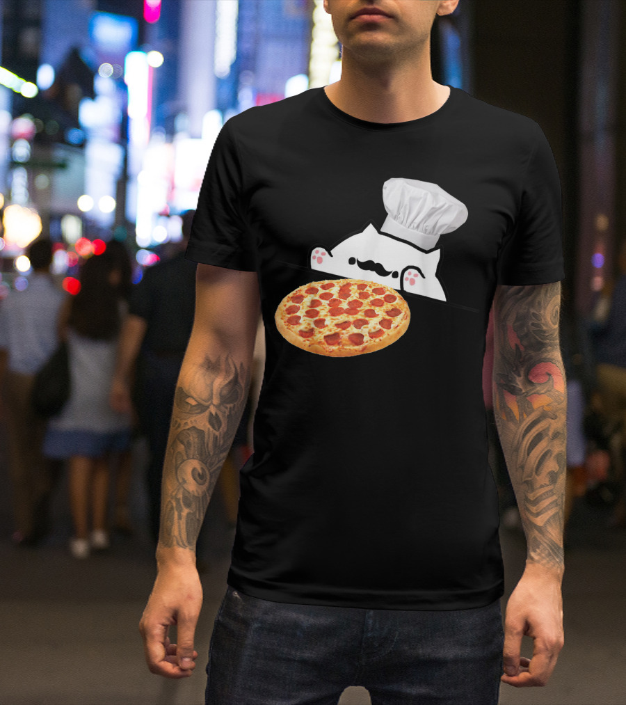 Bongo Cat Pizza Chef With Mustache And Pepperoni Pizza Humor T-Shirt