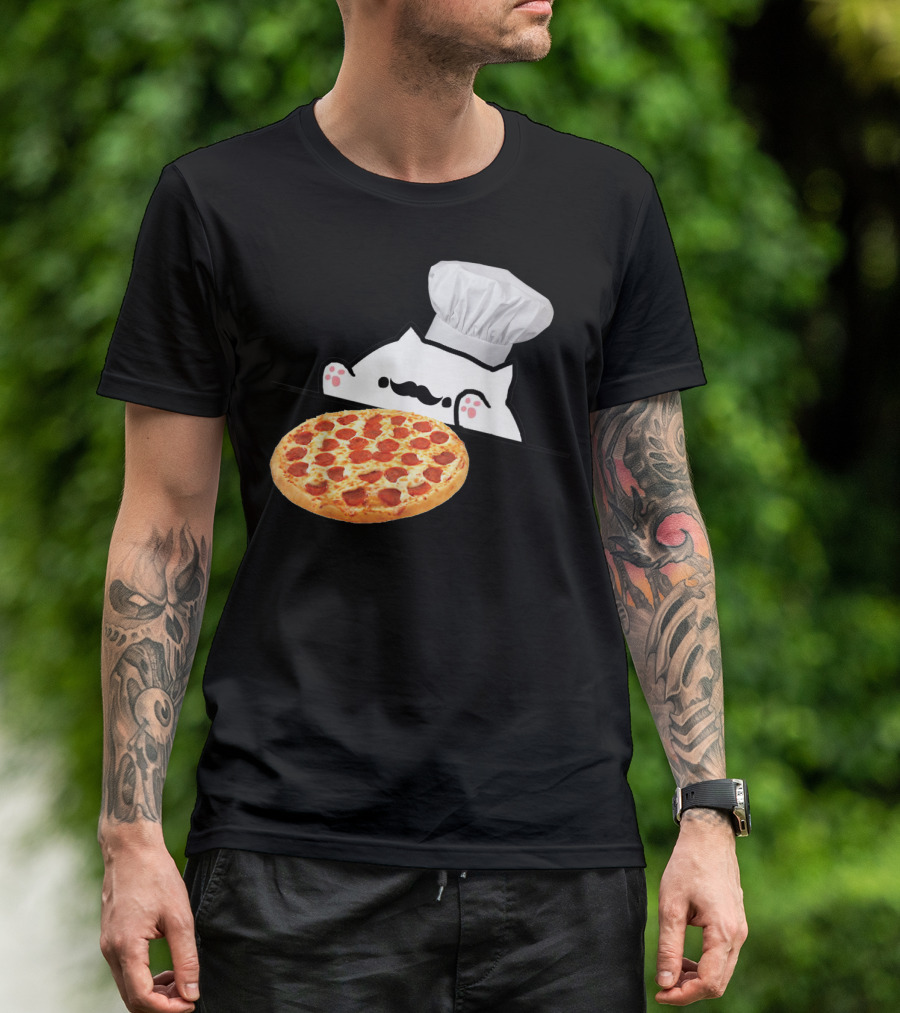 Bongo Cat Pizza Chef With Mustache And Pepperoni Pizza Humor T-Shirt