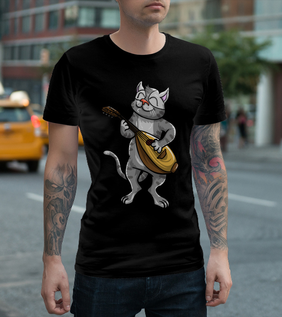 Funny Cool Cat Playing Lute Animal Musician T-Shirt