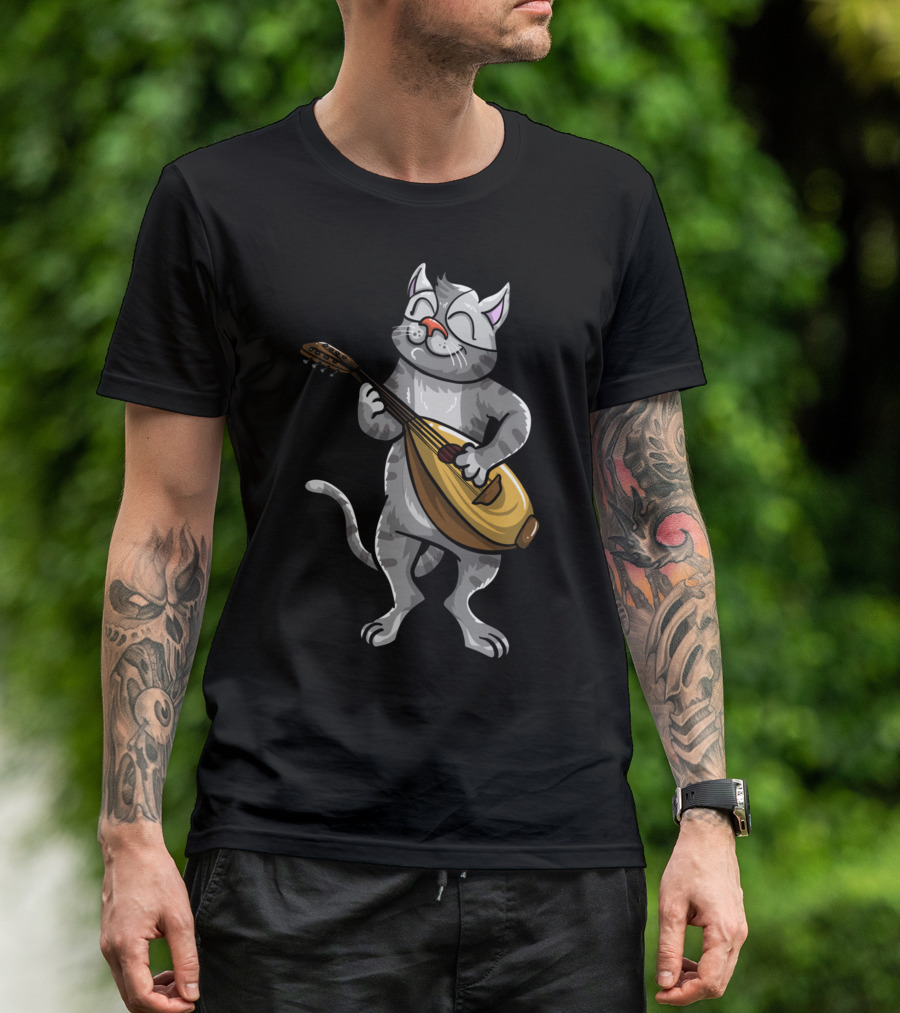 Funny Cool Cat Playing Lute Animal Musician T-Shirt