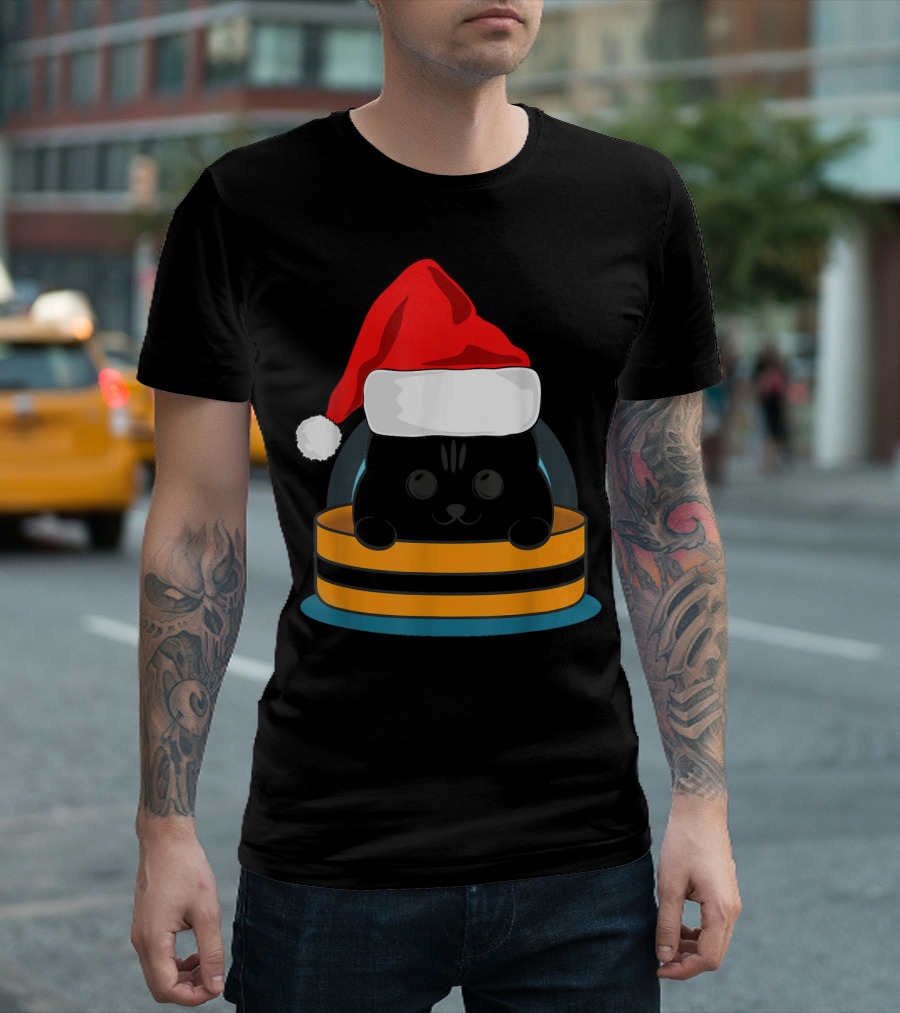 Cute Black Cat in Santa Hat Sitting Inside Orange and Black Barrel T-Shirt