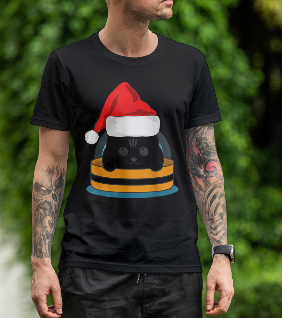 Cute Black Cat In Santa Hat Sitting Inside Orange And Black Barrel T-Shirt