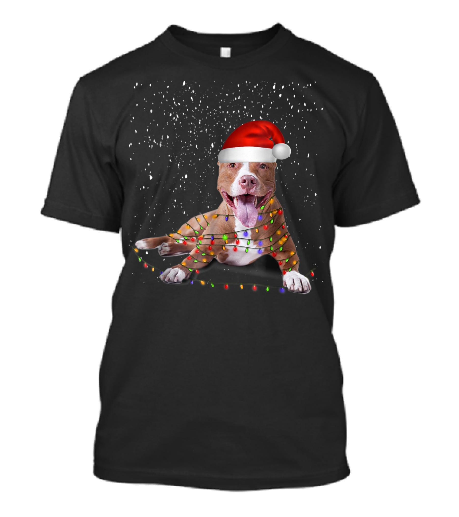 Merry Pitmas Pit Bull Christmas Dog With Santa Hat And Festive Lights T-Shirt