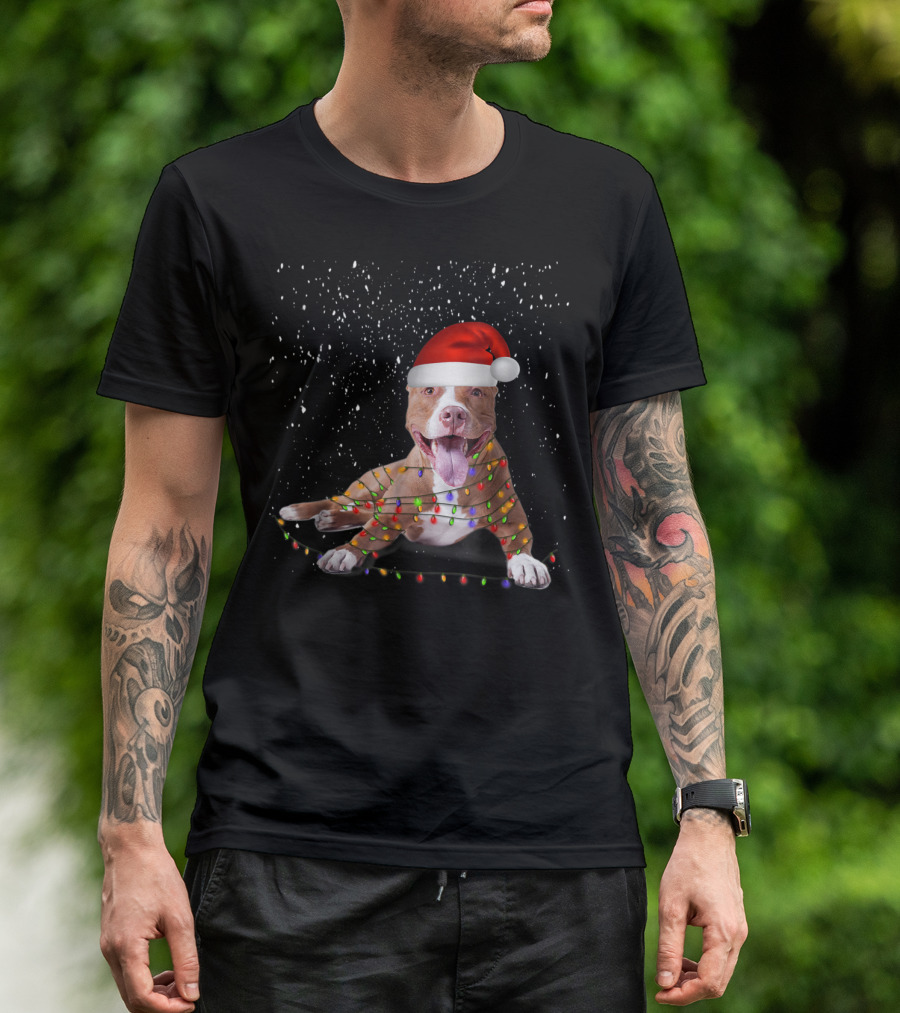 Merry Pitmas Pit Bull Christmas Dog With Santa Hat And Festive Lights T-Shirt