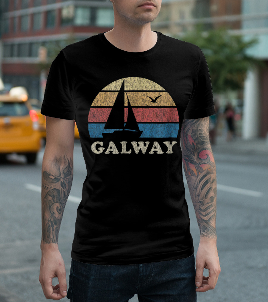 Galway Vintage Sailboat 70s Sunset with Seagull T-Shirt
