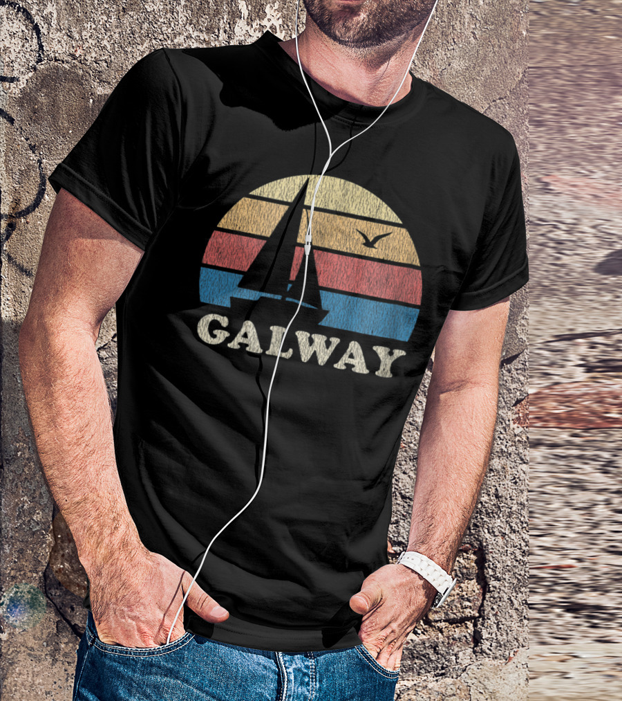 Galway Vintage Sailboat 70s Sunset With Seagull T-Shirt