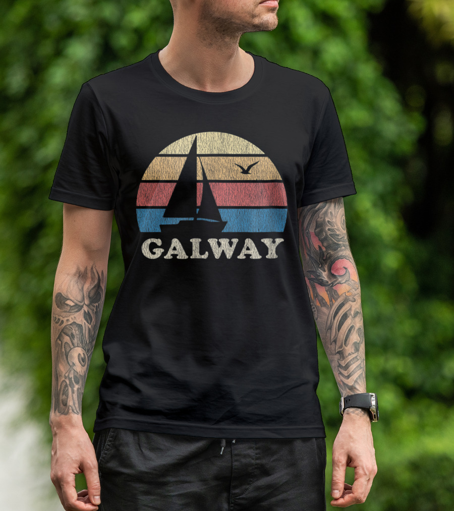 Galway Vintage Sailboat 70s Sunset With Seagull T-Shirt