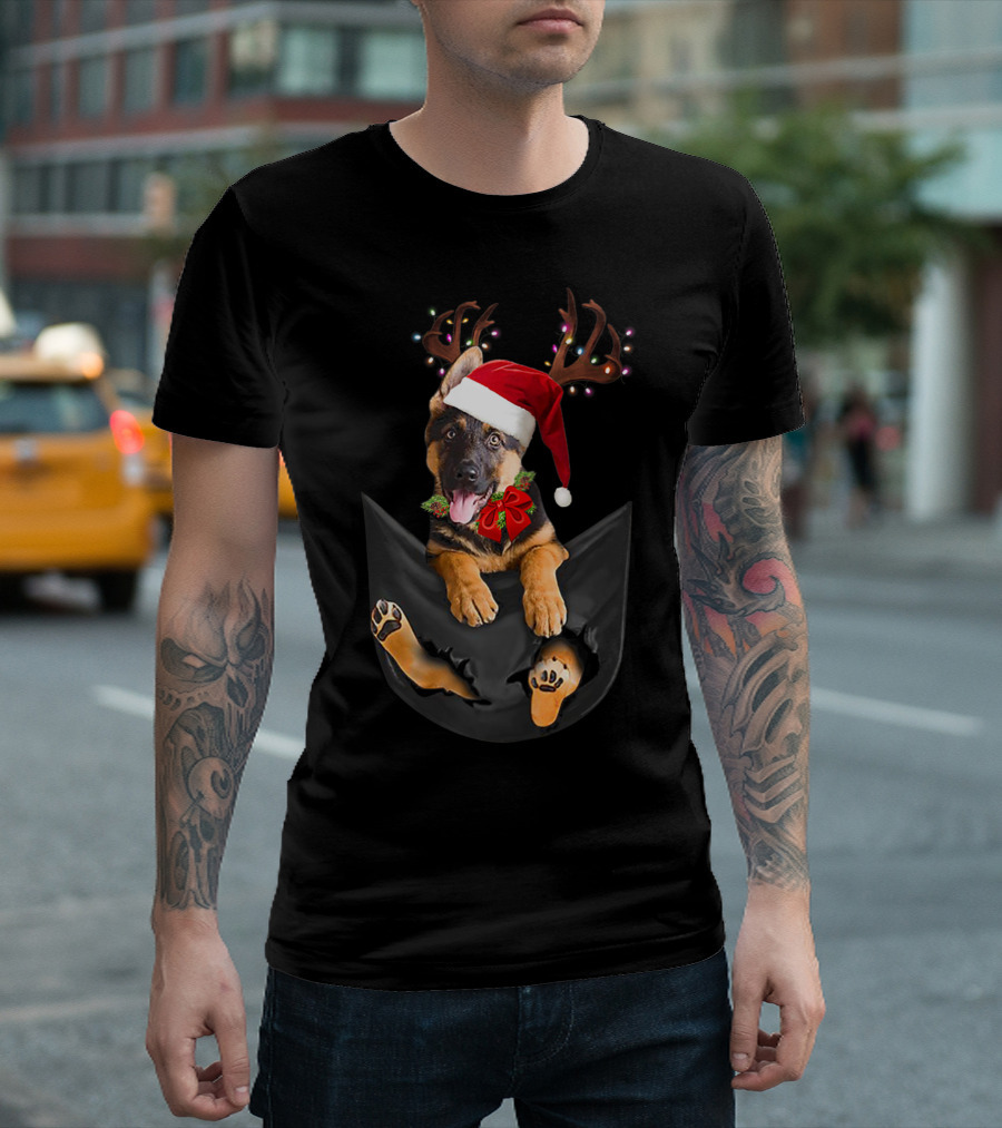German Shepherd Christmas Dog With Santa Hat and Antlers In Your Pocket T-Shirt