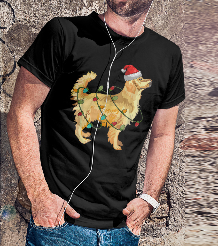 Golden Retriever With Christmas Lights And Santa Hat T-Shirt
